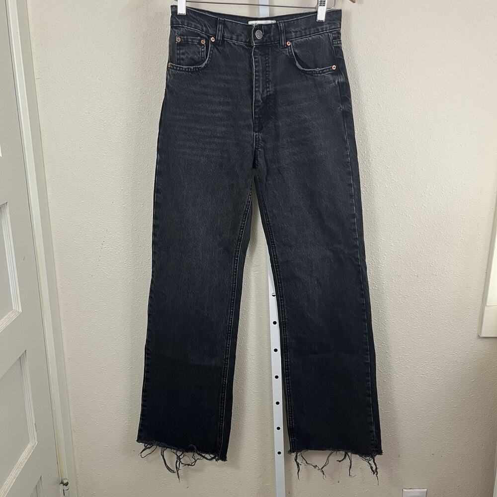 Zara 90s Full Length Jeans Womens US 4 High Rise Wide Leg Raw Hem Black Baggy